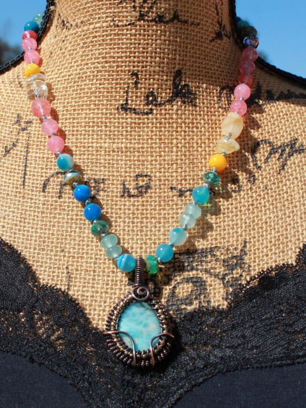 Bright Larimar Beaded Hand Knot Necklace
